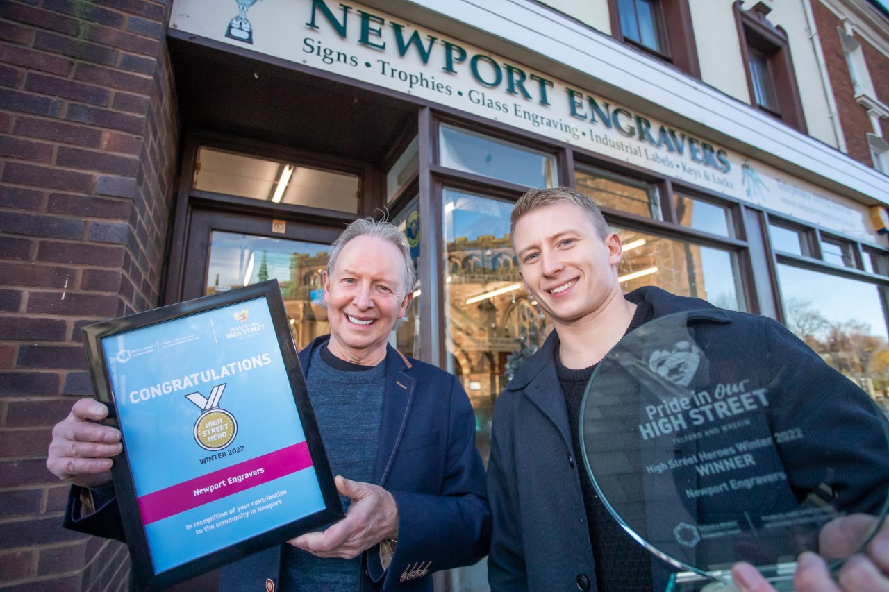 Newport Engravers shop front on the High Street, Newport